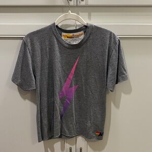 Aviator Nation Gray Crop Top with Pink Lightning Bolt